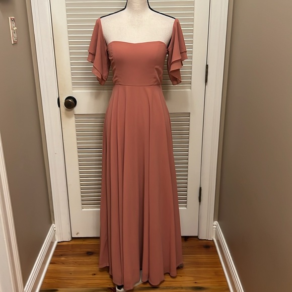 Lulu's Abbington Off-the-Shoulder Bridesmaid Maxi Dress in Dusty Rose, Size S - Picture 4 of 15